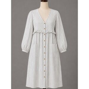 Emerson Fry Dress Small White Striped V-Neck Button Front Puff Sleeve Midi Boho